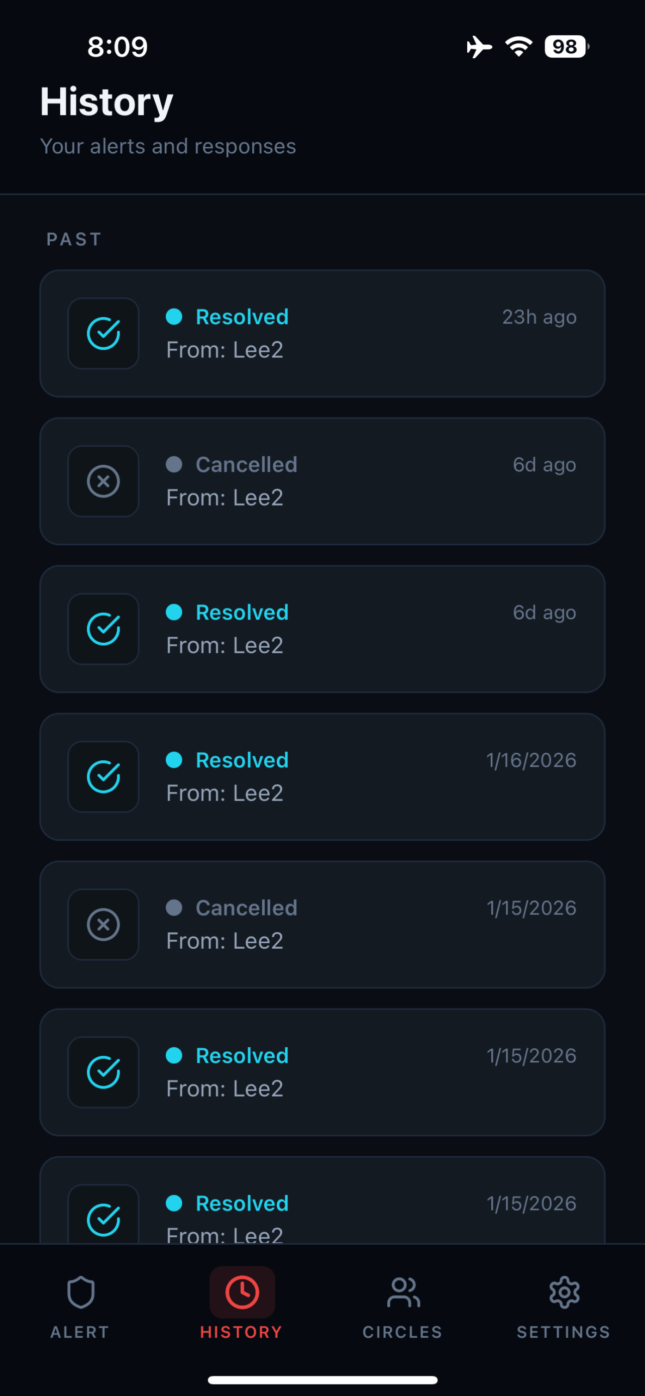 El Boton app showing alert history