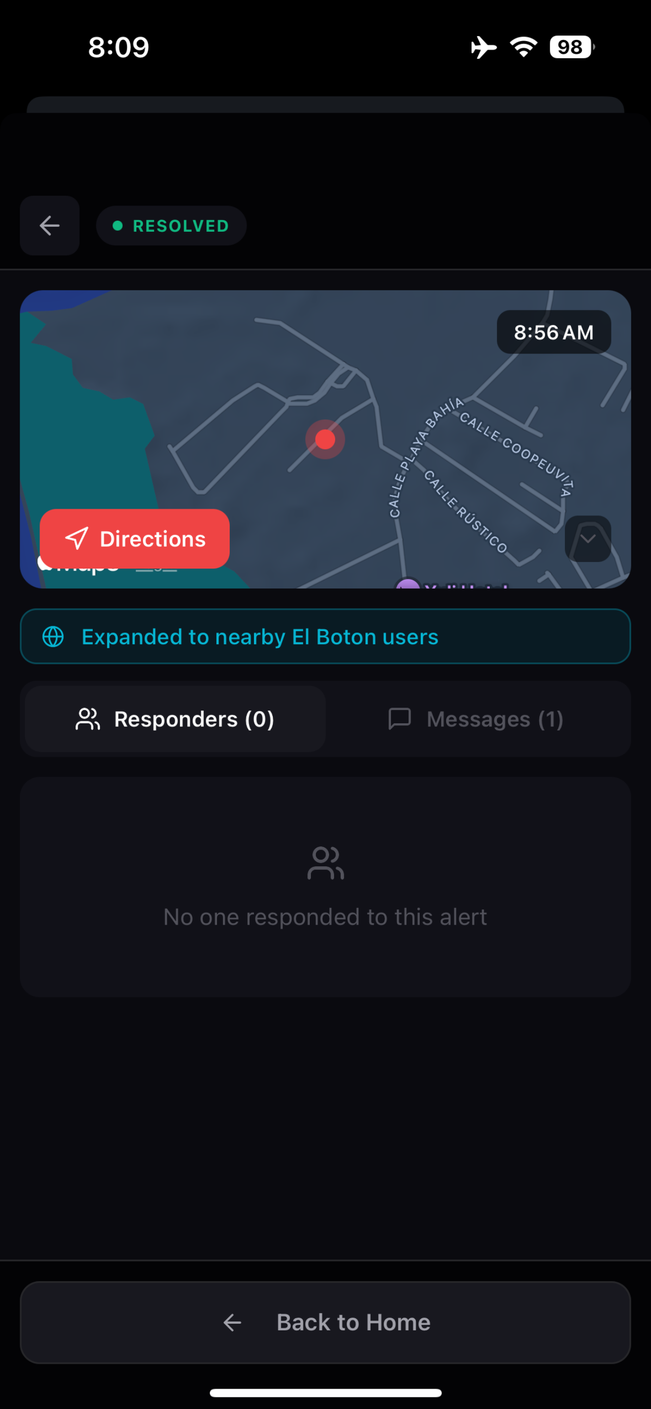 El Boton app showing alert details with map